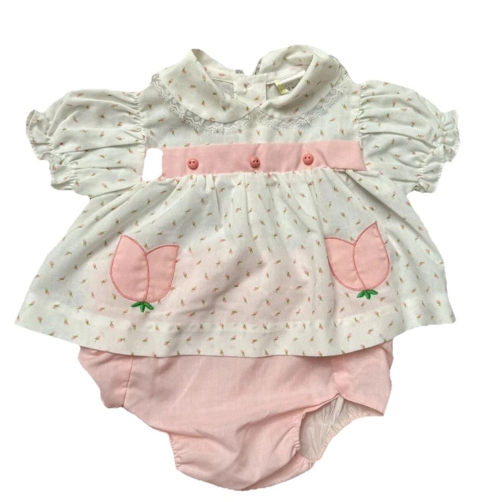 VTG Pink white tulip applique Peter Pan collar baby girls 0-3 Mos 2 piece set